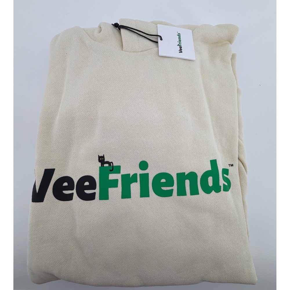 VeeFriends Logo Hoodie Cream OffWhite Black Cat Graphic Pullover Mens Size M NEW